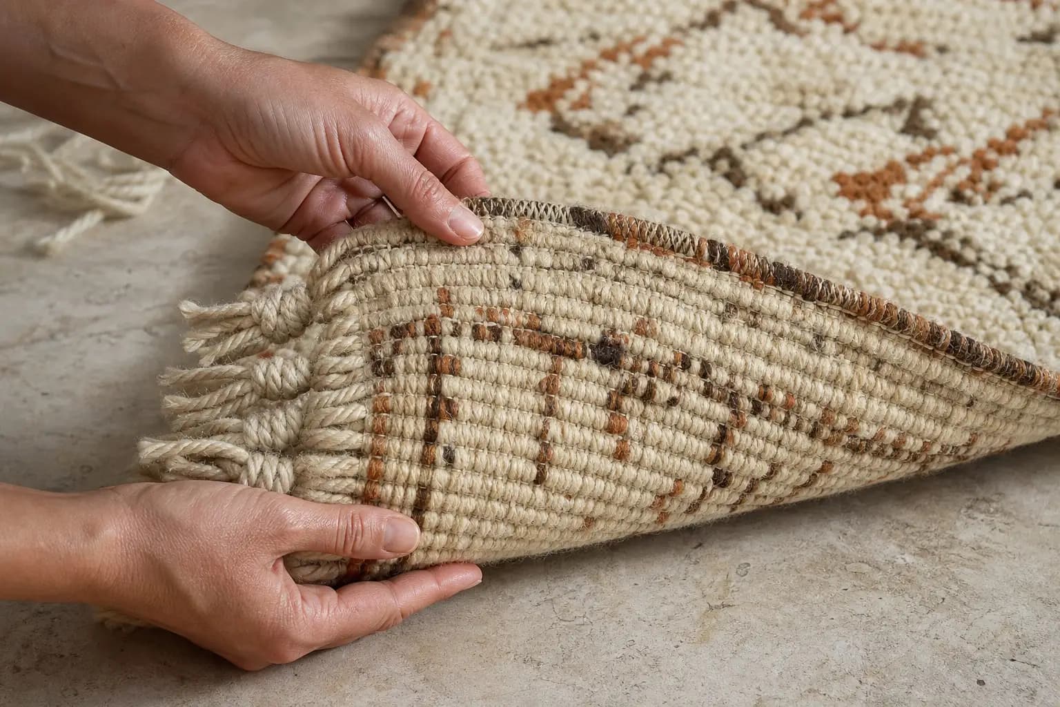 Hands examining the reverse weave and knotted edge of a Moroccan wool rug