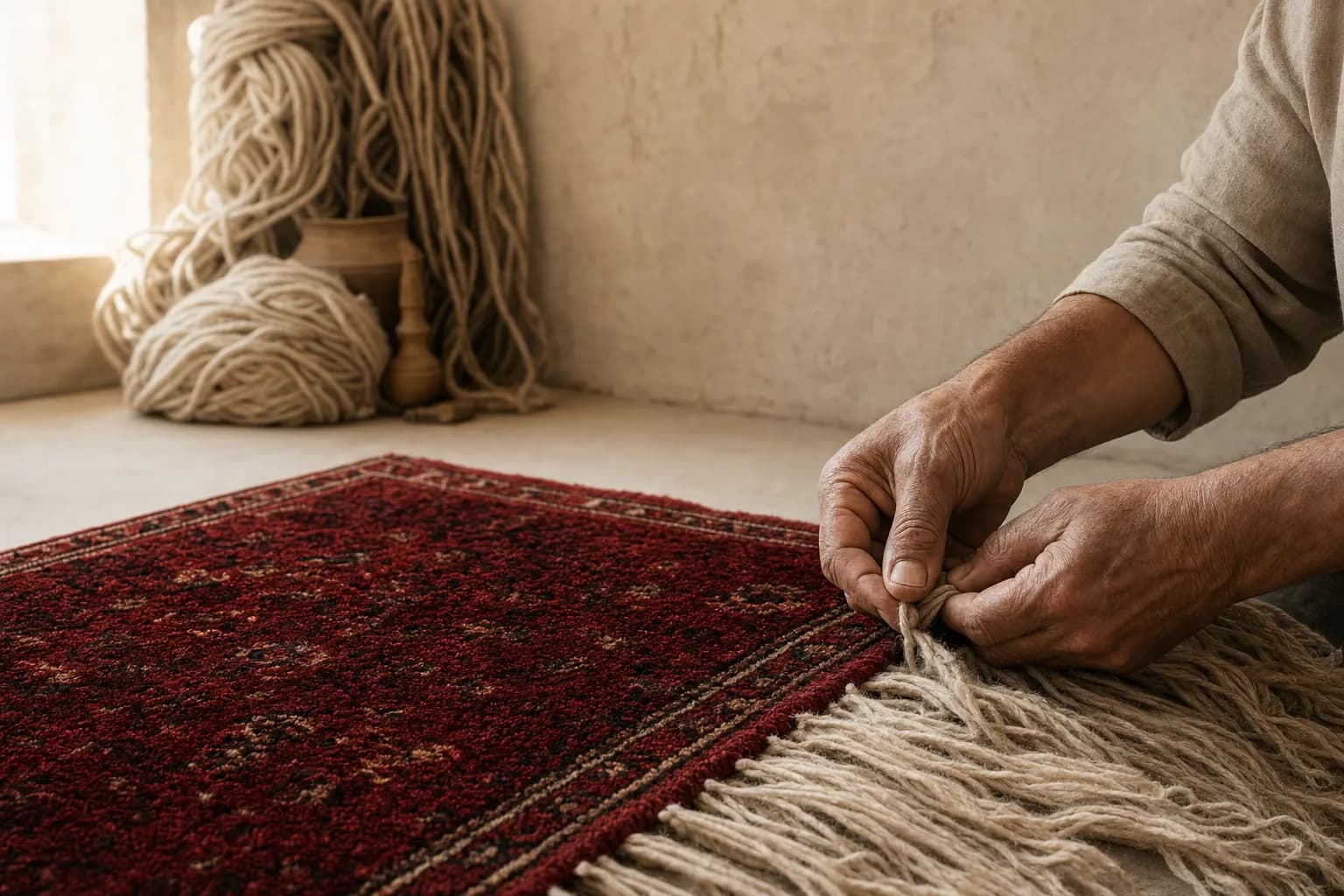 Moroccan artisan finishing the wool fringe of a handmade red rug