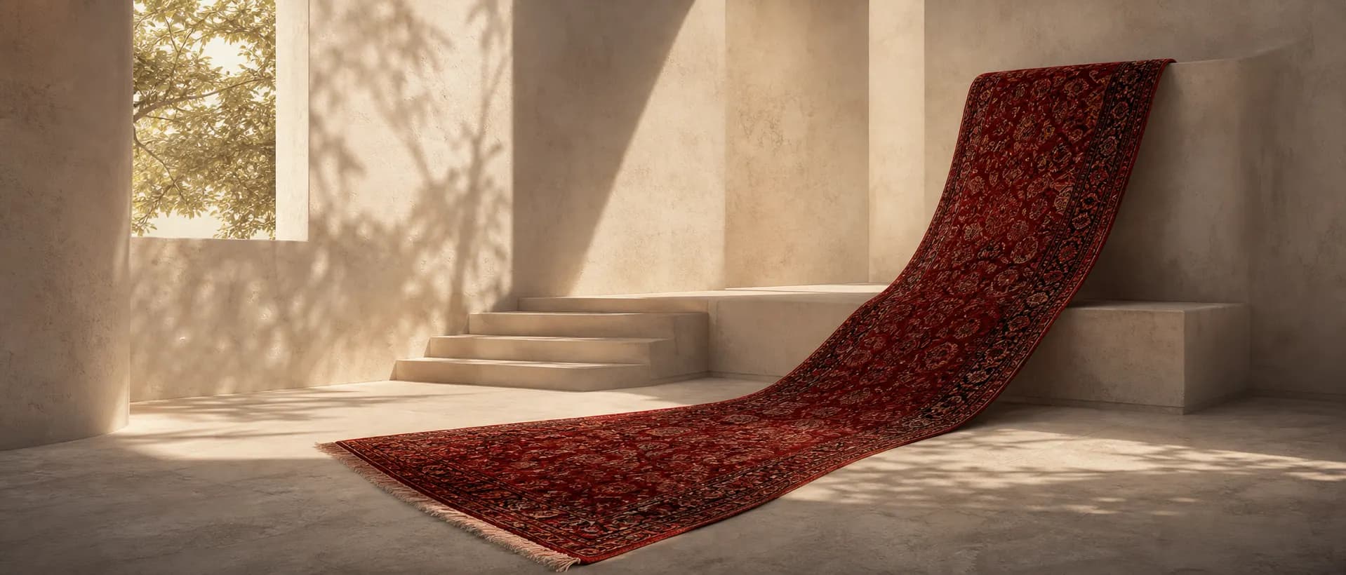 Deep red Moroccan rug displayed in a sunlit plaster interior