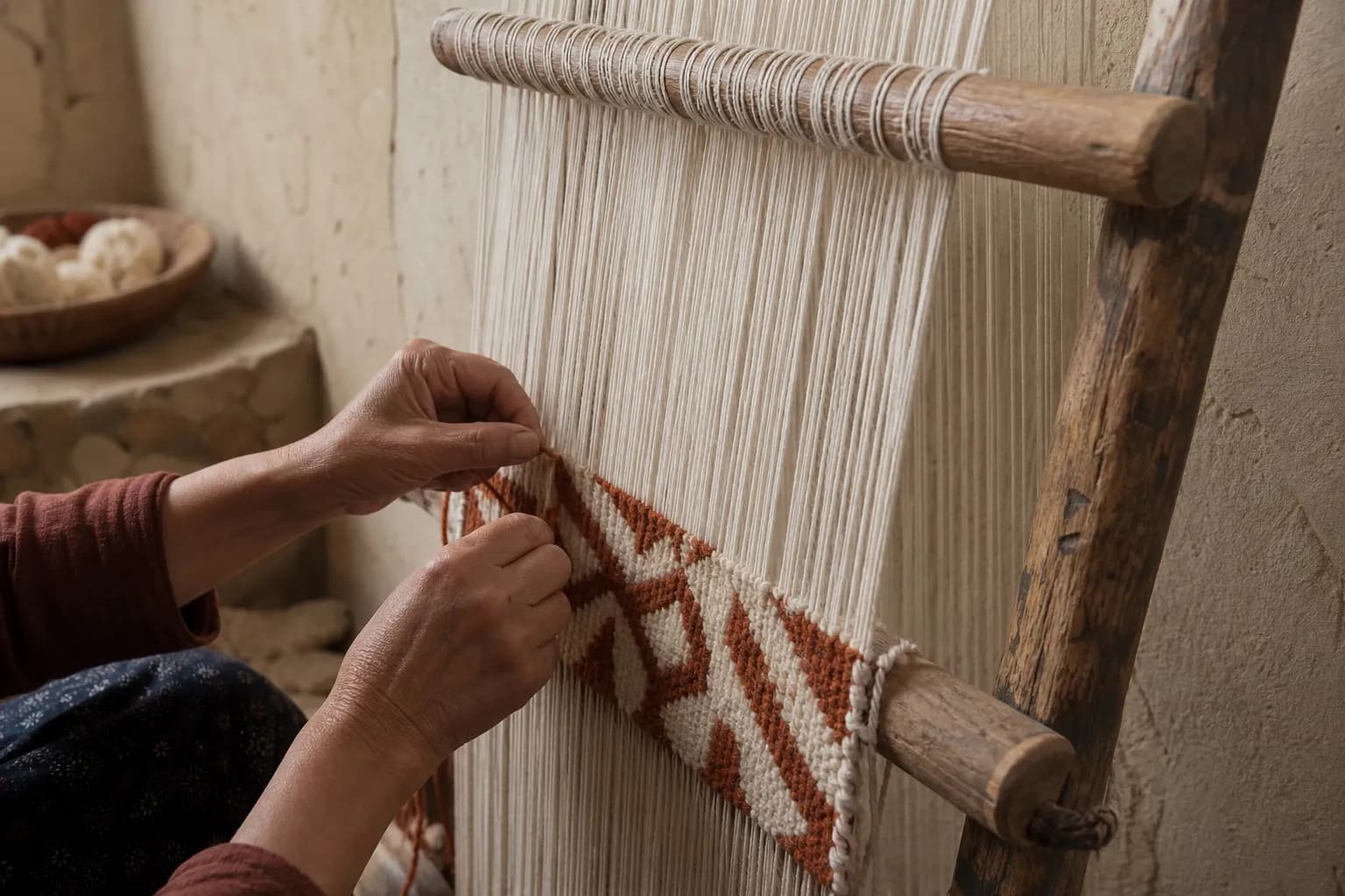 Artisan weaving a geometric Moroccan wool rug on a traditional wooden loom