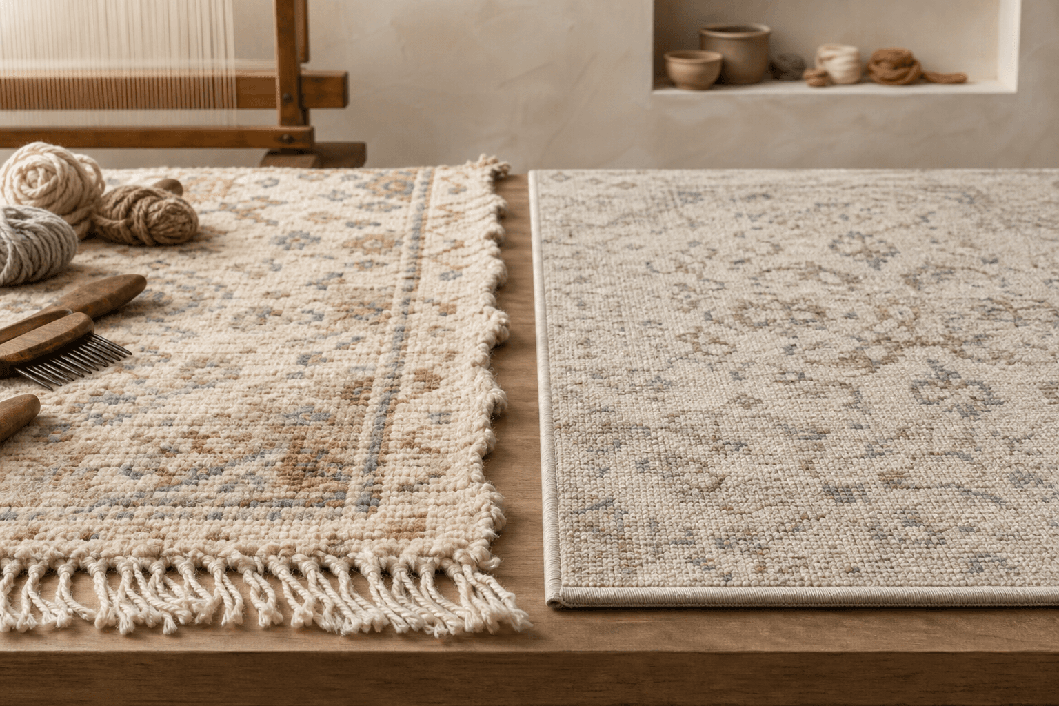 Hand-finished wool rug sample beside a uniformly bound machine-made rug