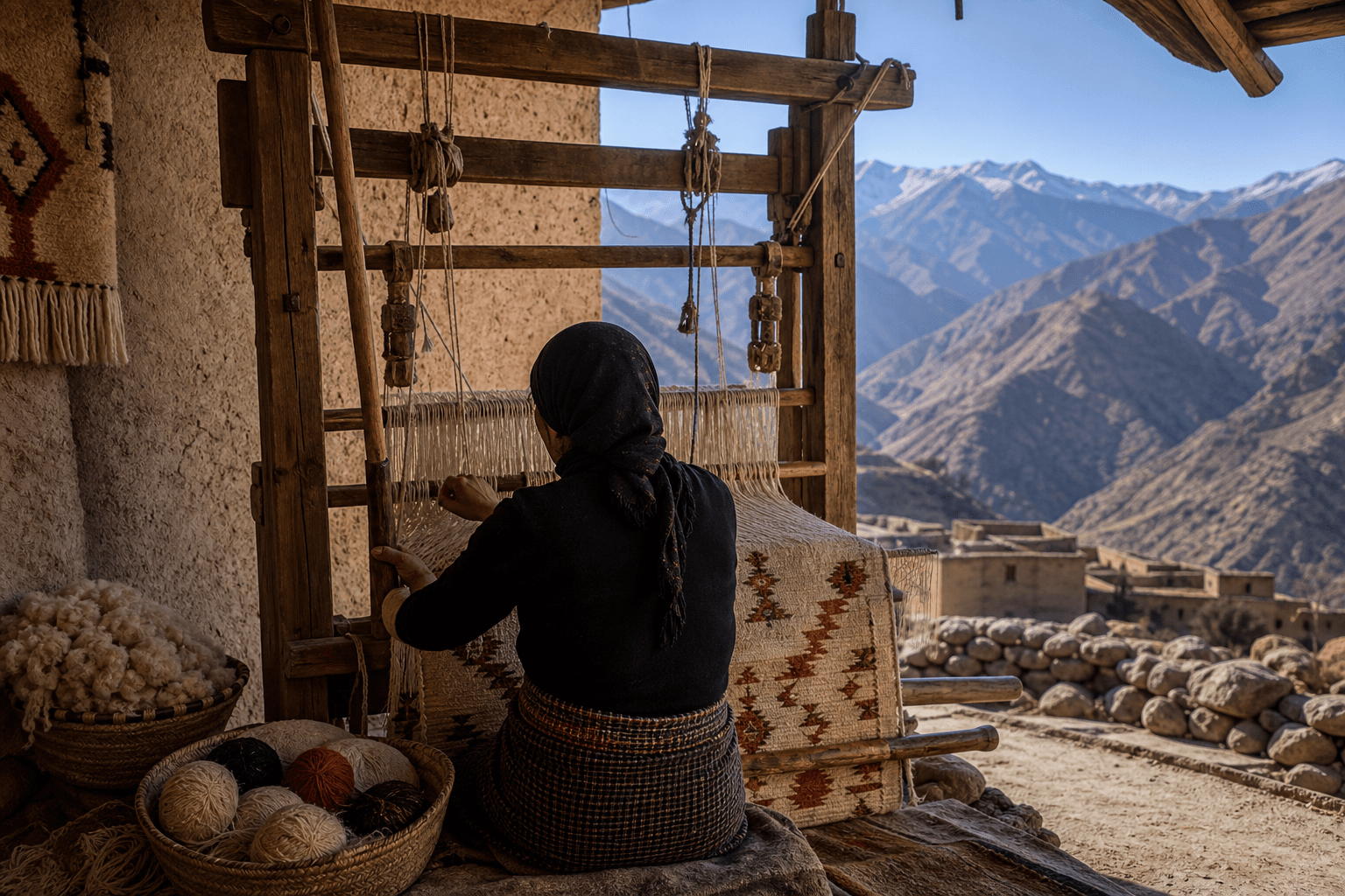 Artisan weaving a wool rug on a wooden loom overlooking the High Atlas Mountains