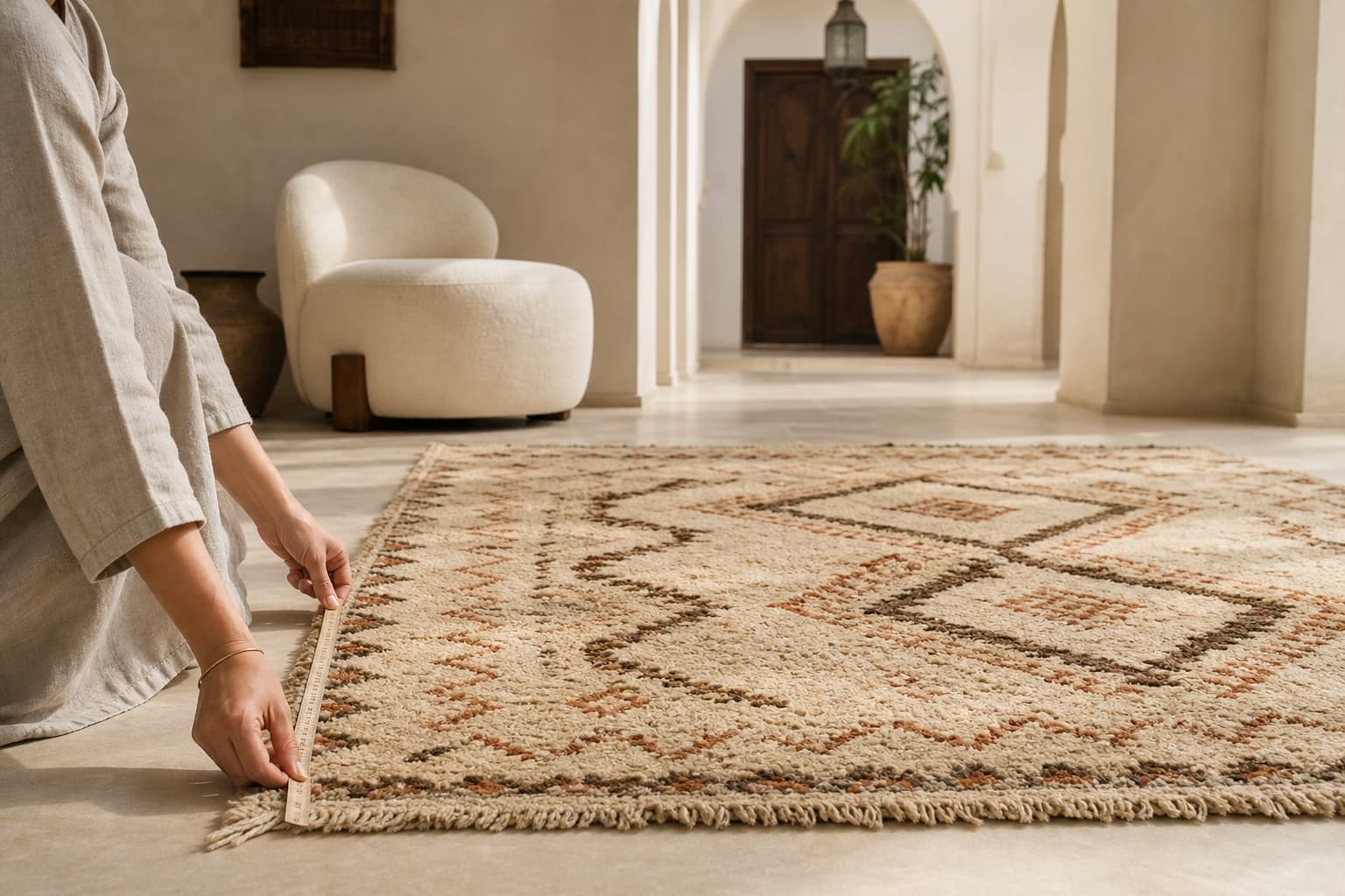 Buyer measuring a handmade Moroccan wool rug in a sunlit riad