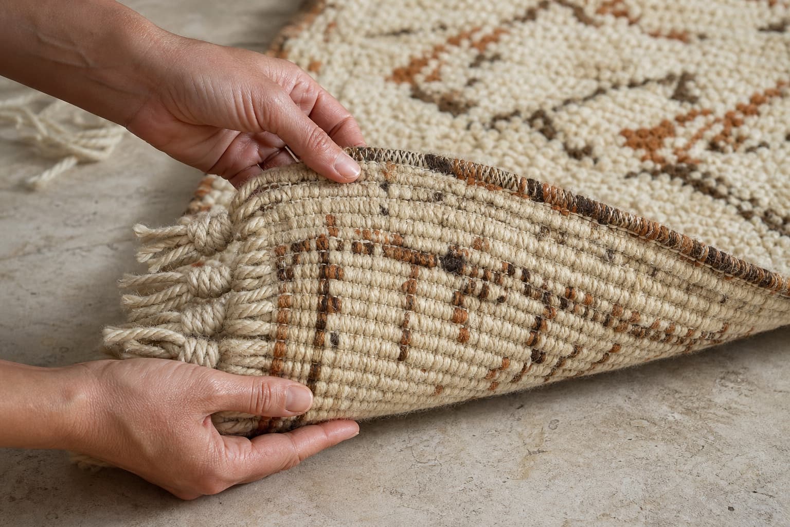 Hands lifting a rug corner to inspect the hand-knotted reverse and bound edge