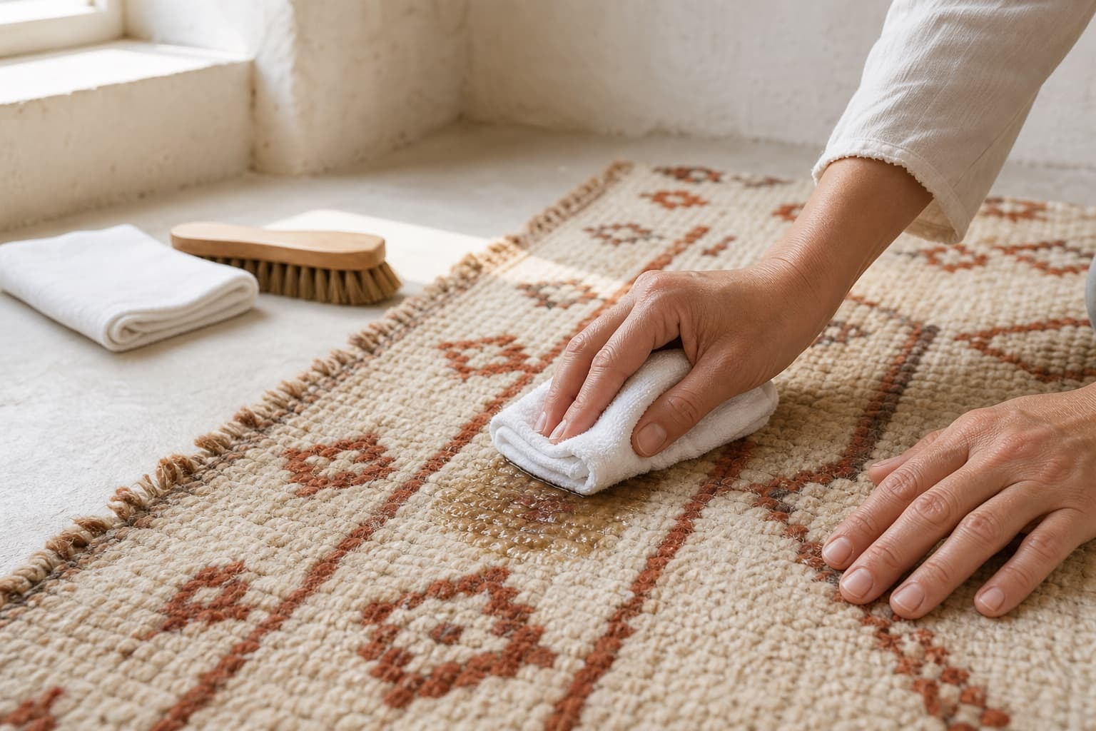 Hands carefully blotting a small spill from a handmade wool rug