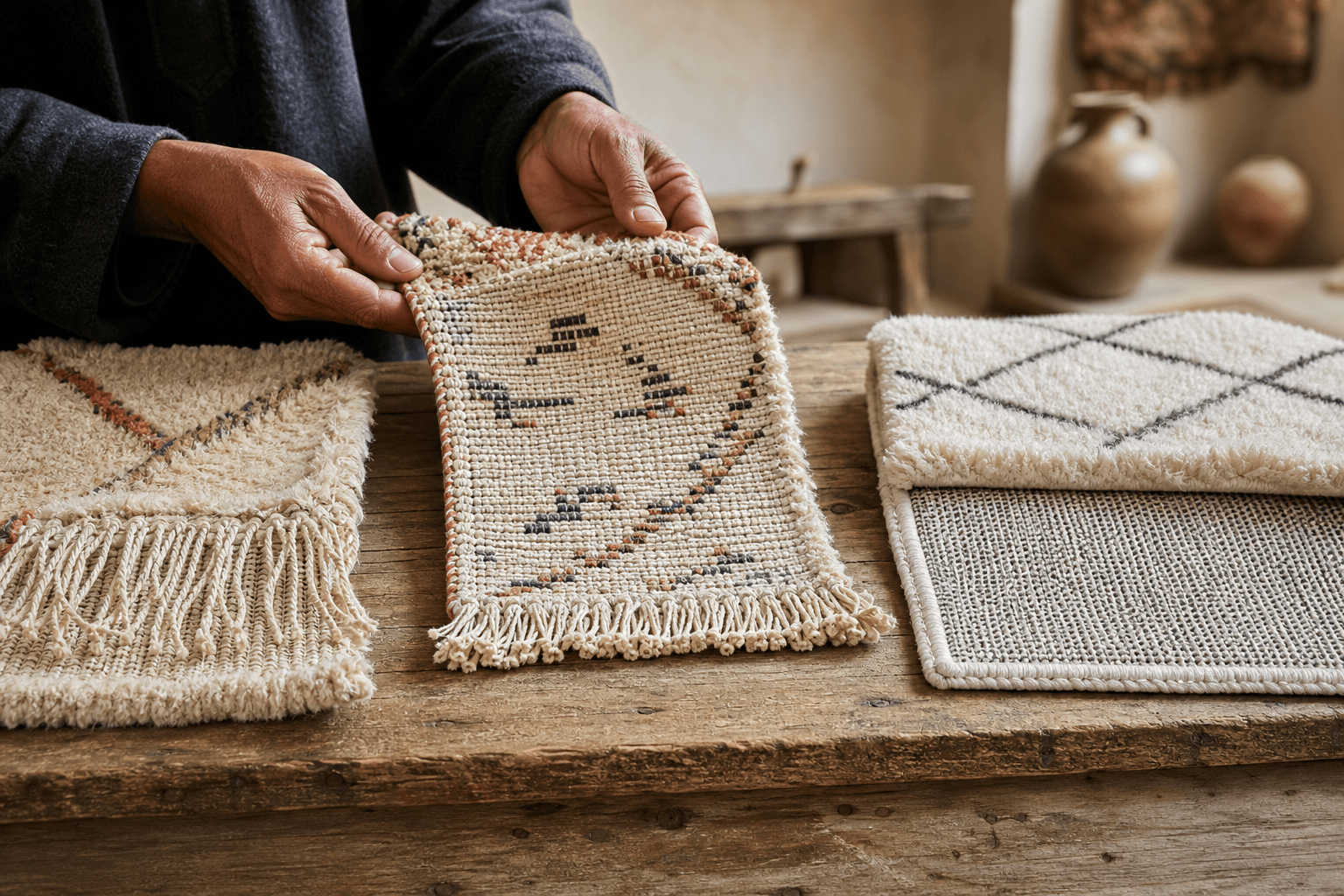 Three rug construction samples inspected on a wooden workshop table