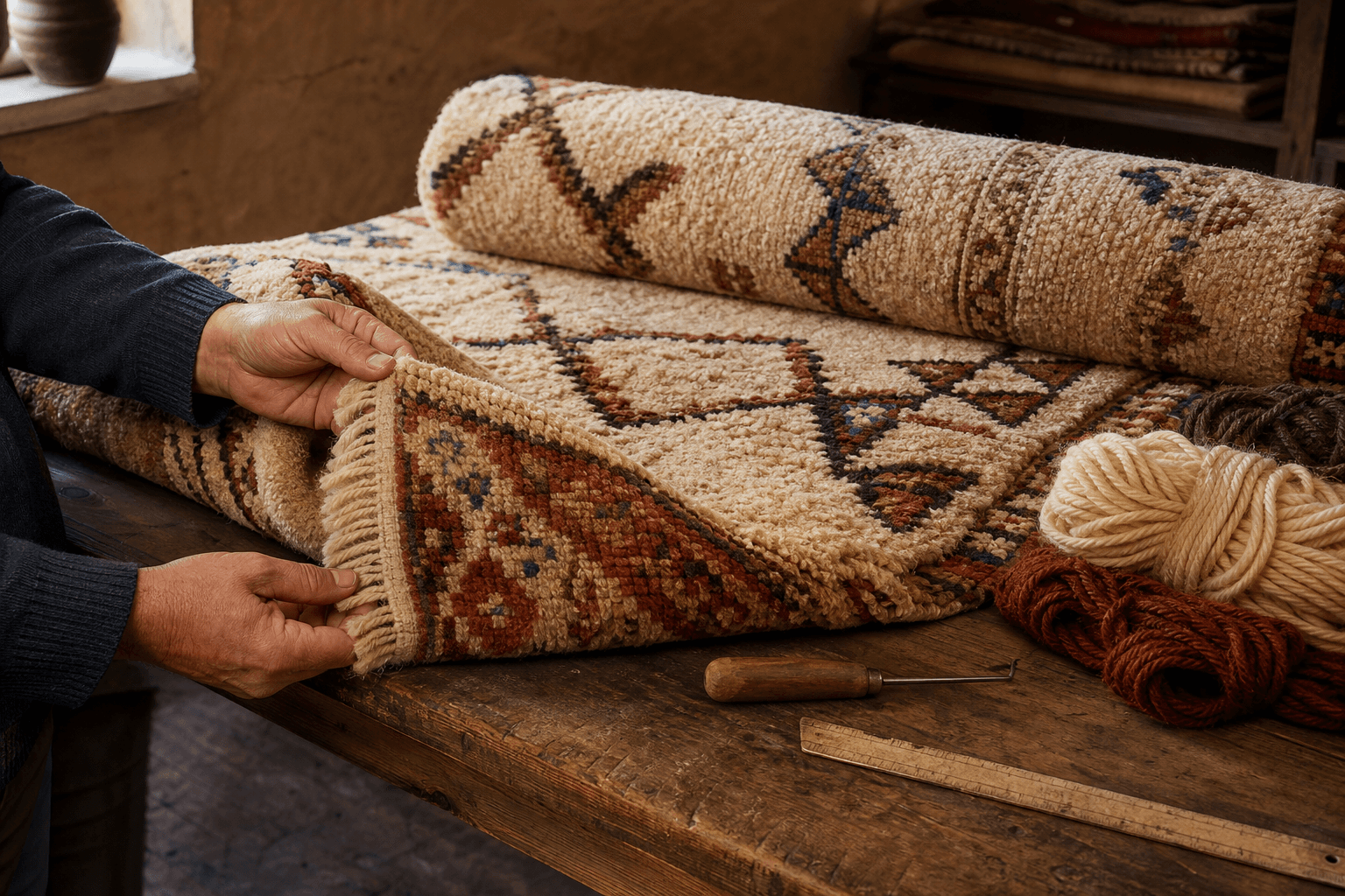 Artisan inspecting the edge and pile of a handmade wool rug