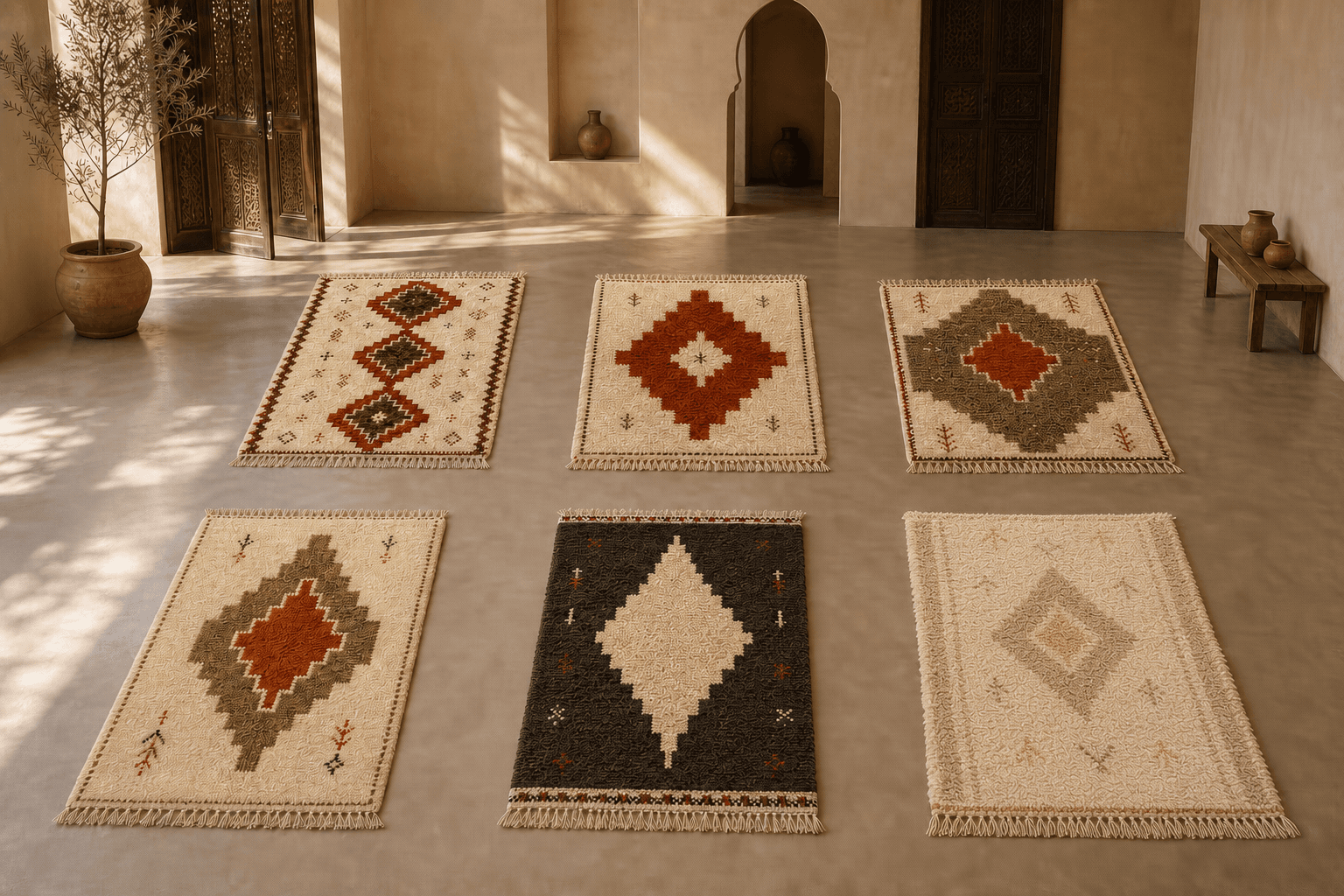 Six LEOS Atlas I rugs arranged in a sunlit Marrakech gallery