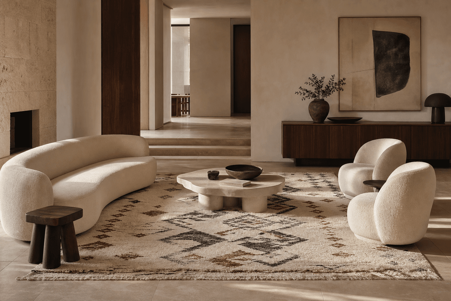 Handmade Moroccan wool rug in a restrained contemporary living room