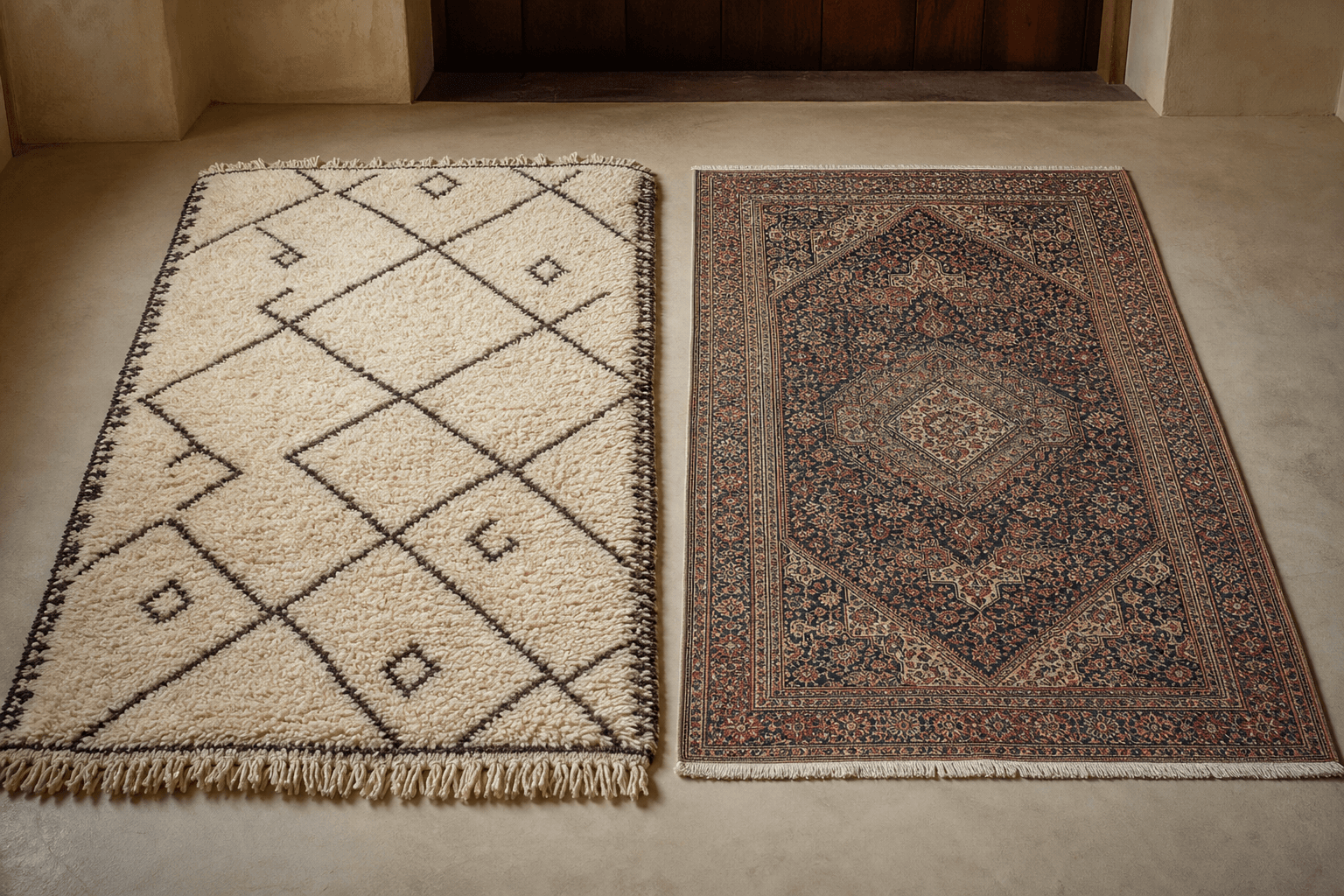 Plush Moroccan rug beside a finely patterned low-pile Turkish carpet