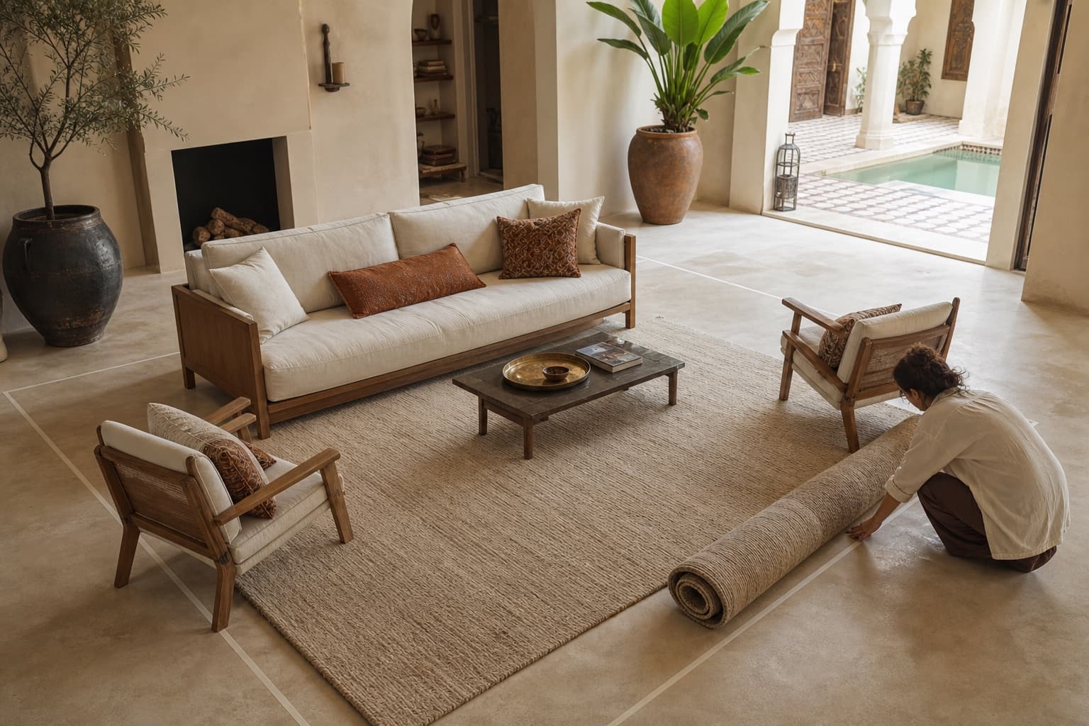 Interior stylist measuring the rug footprint around living-room furniture