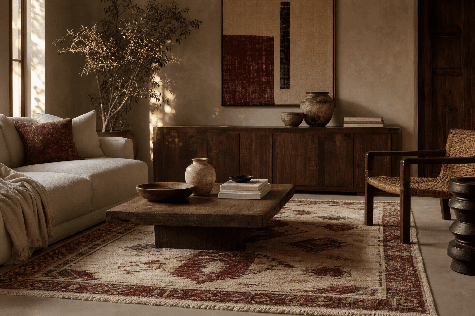 Moroccan rug styled with linen, dark wood, ceramics, and restrained color echoes