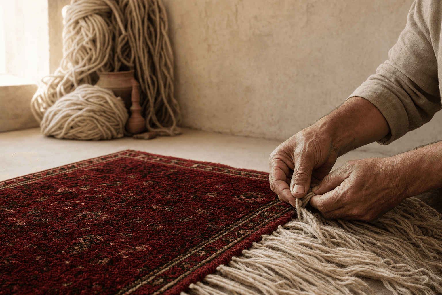 An artisan finishing the fringe of a garnet rug by hand
