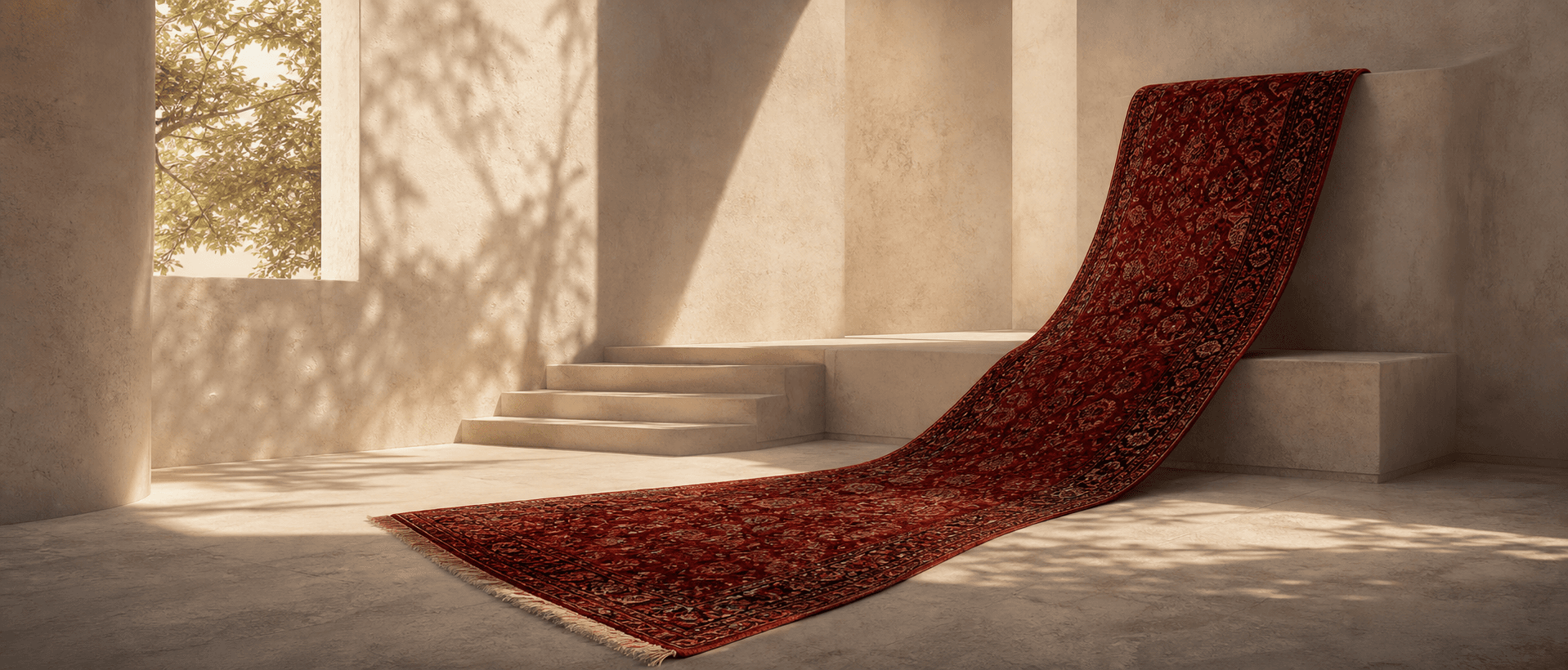 A garnet rug cascading through a pale architectural room