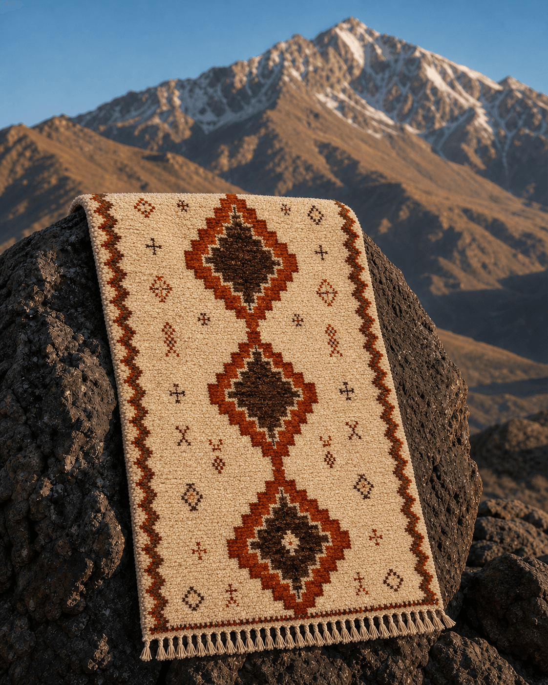 Toubkal Ember rug photographed in the High Atlas
