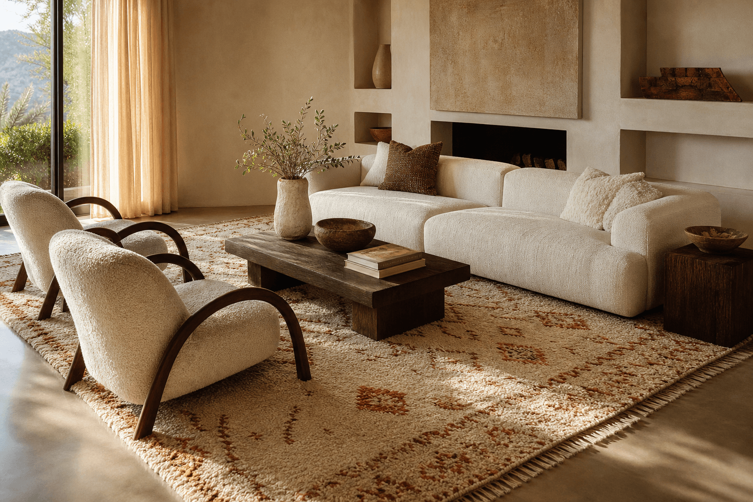 Moroccan wool rug connecting a sofa, two chairs, and a coffee table