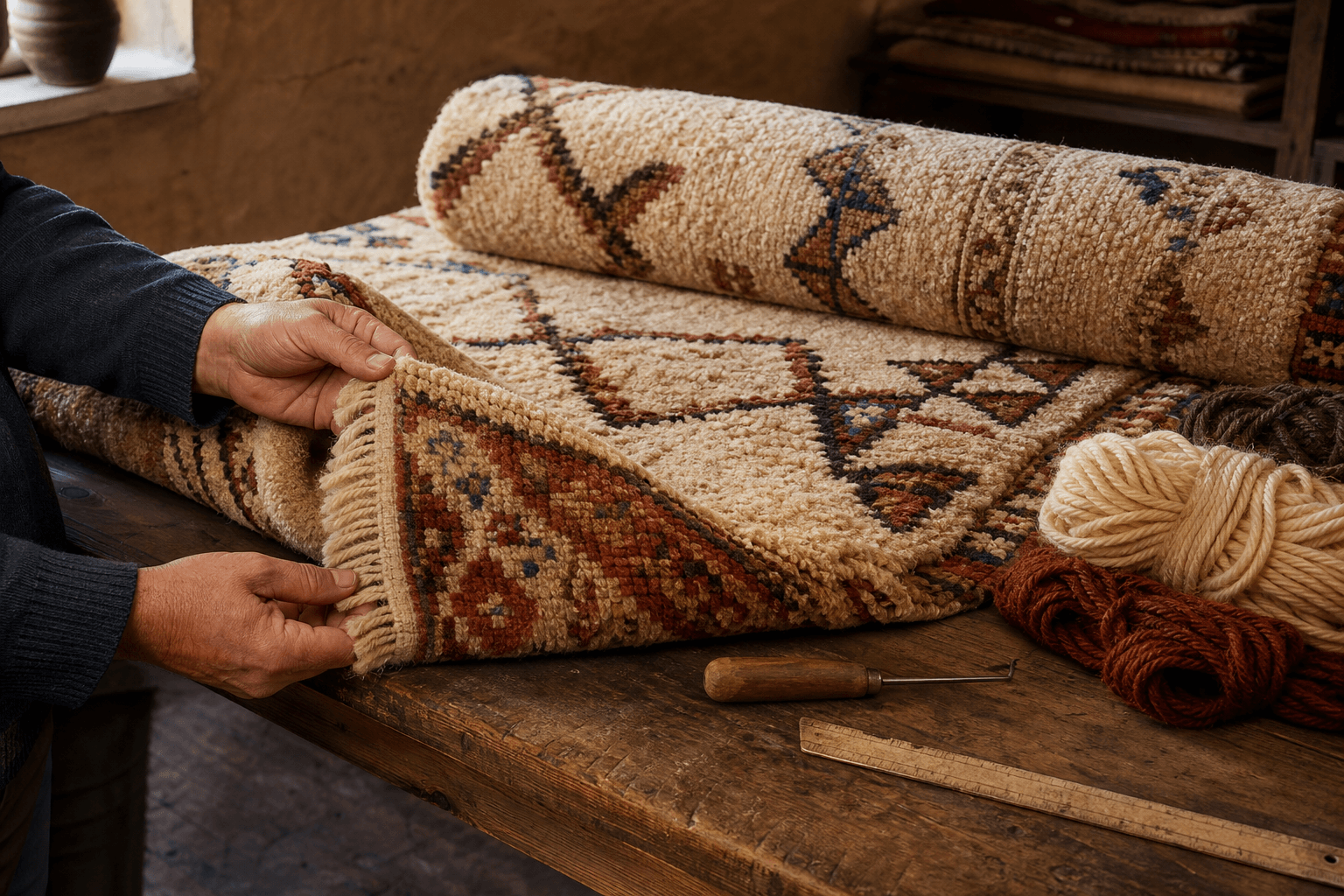 Artisan inspecting the edge and pile of a handmade wool rug