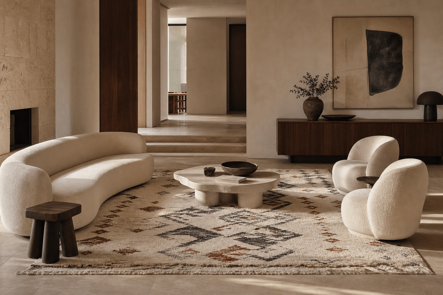 Handmade Moroccan wool rug in a restrained contemporary living room