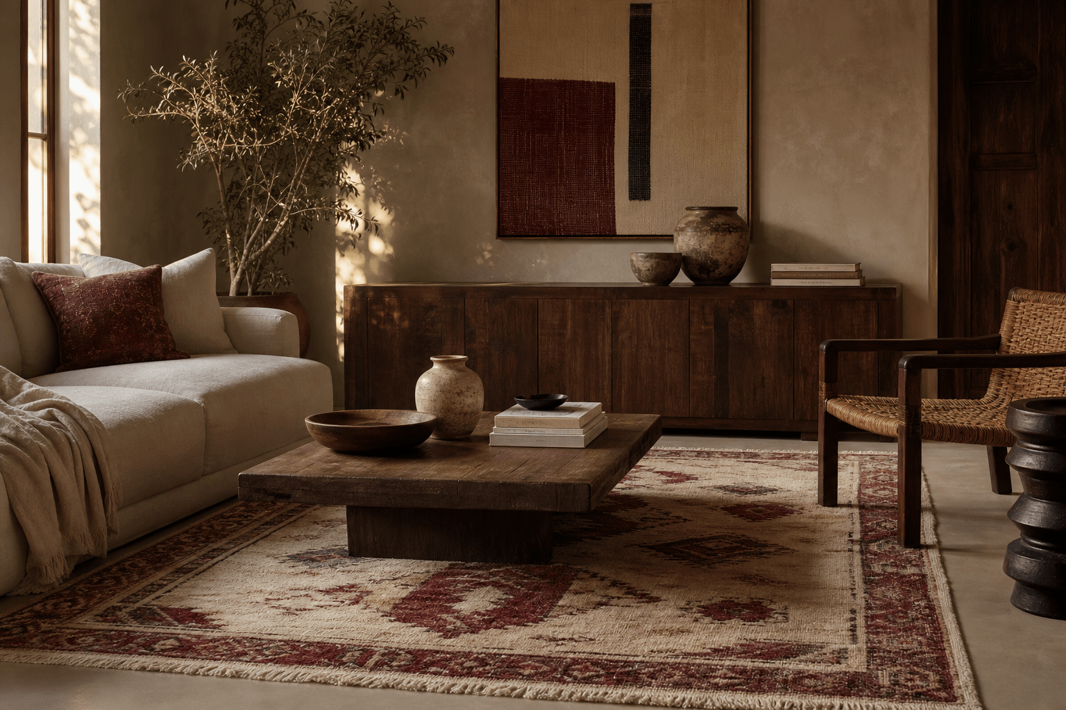 Moroccan rug styled with linen, dark wood, ceramics, and restrained color echoes