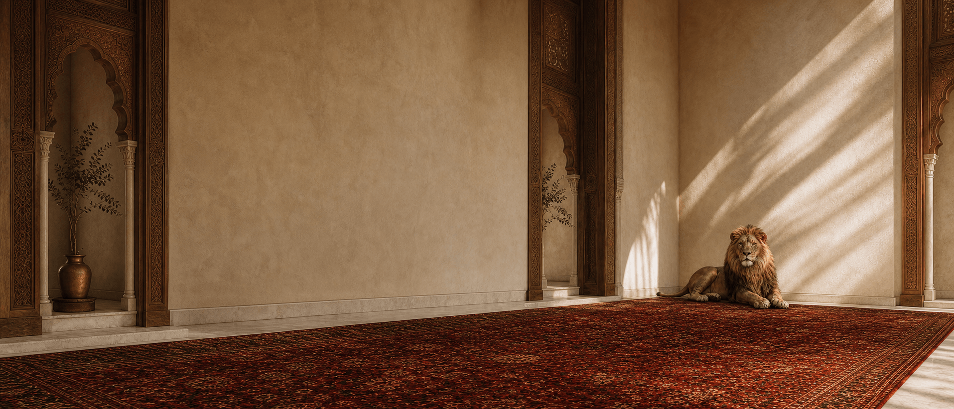 An Atlas lion resting beside a garnet rug in a luminous Moroccan room