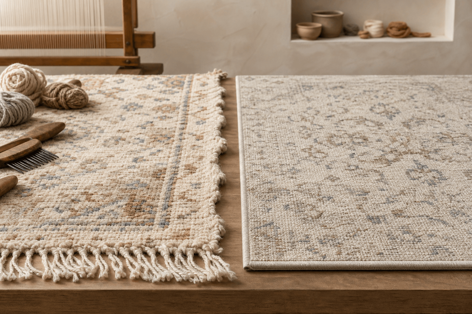 Hand-finished wool rug sample beside a uniformly bound machine-made rug