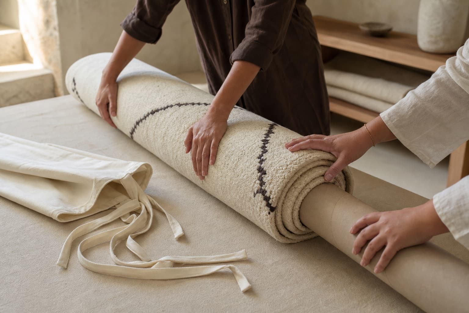 Clean wool rug being evenly rolled around an archival tube for storage