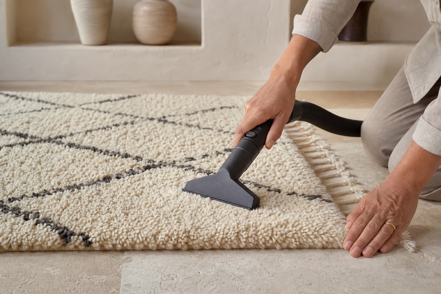 Suction-only upholstery nozzle moving gently across a plush wool rug