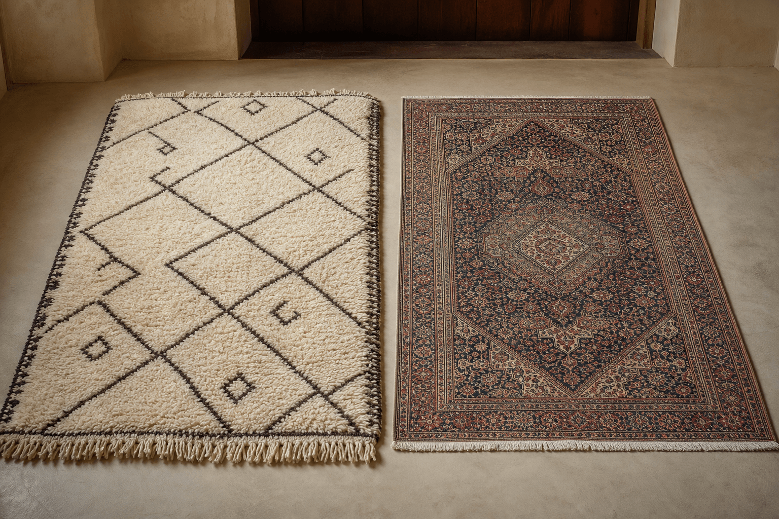 Plush Moroccan rug beside a finely patterned low-pile Turkish carpet
