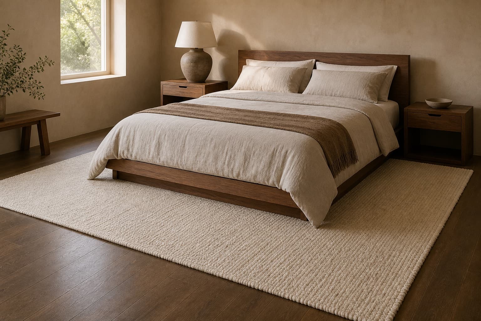 Correctly sized ivory rug extending around a queen bed
