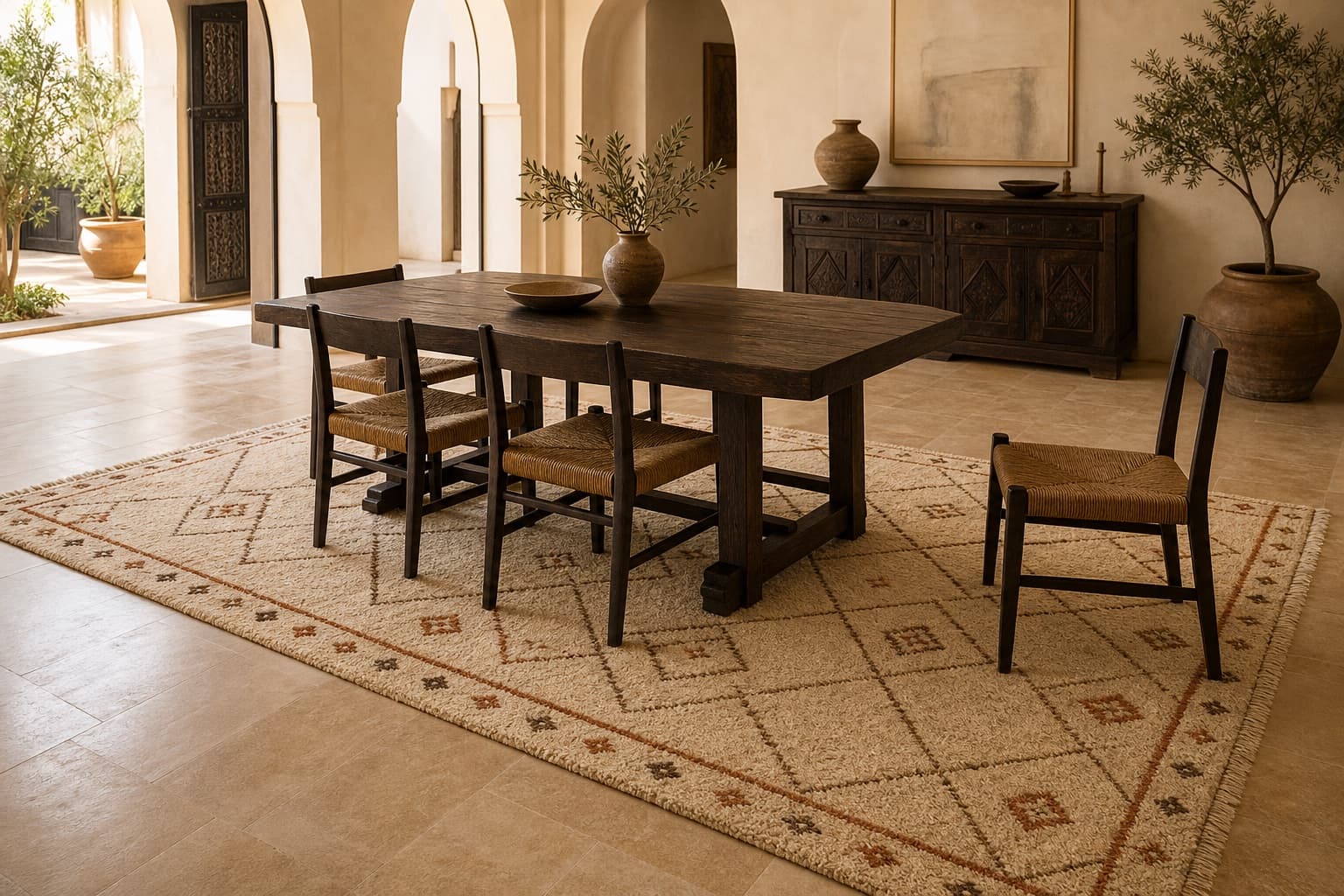 Dining chair pulled back while remaining fully supported by a large wool rug